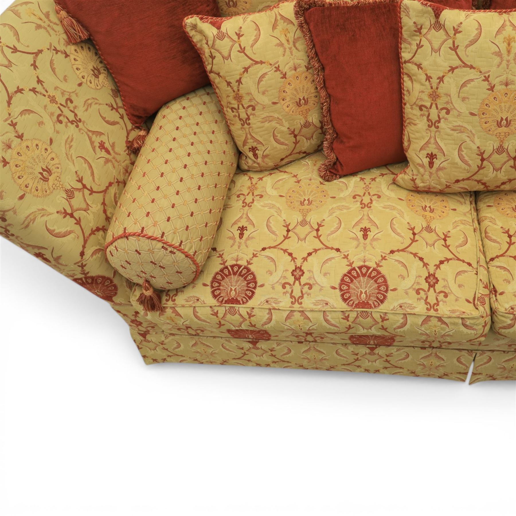 David Grundy - Grande Knoll style drop-arm settee in patterned fabric with nine associated scatter and bolster cushions