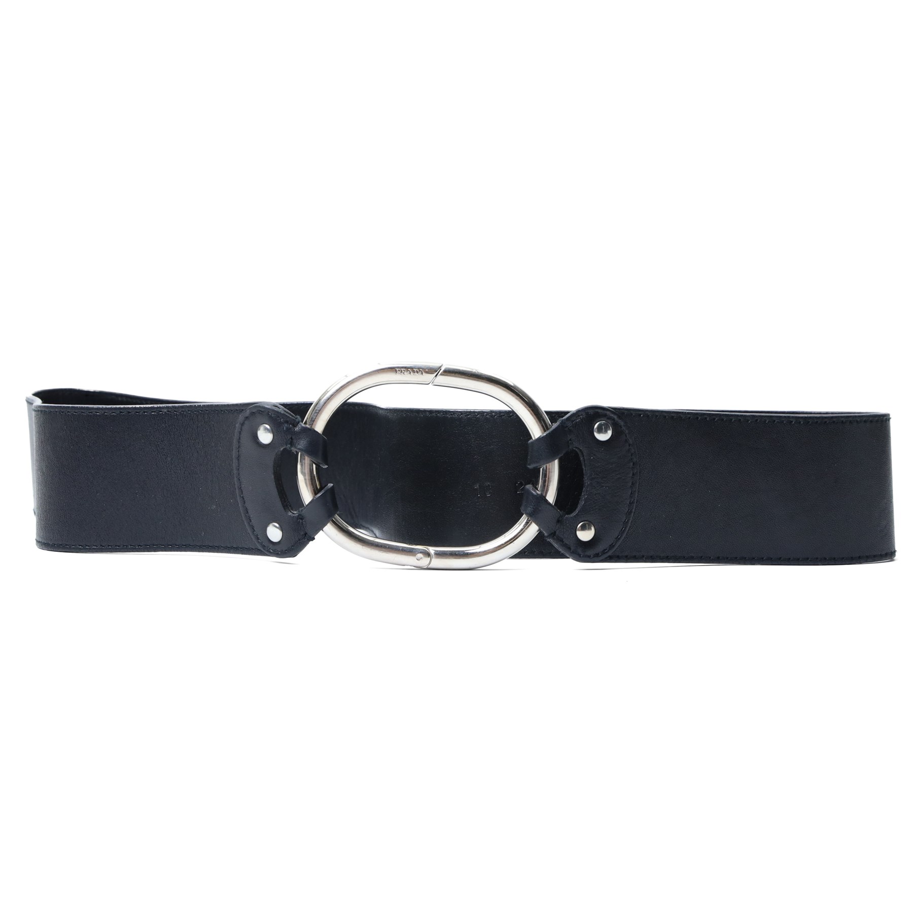 Prada - wide black leather waist belt, with oversized silver-tone circular ring clasp stamped PRADA, size 90/36