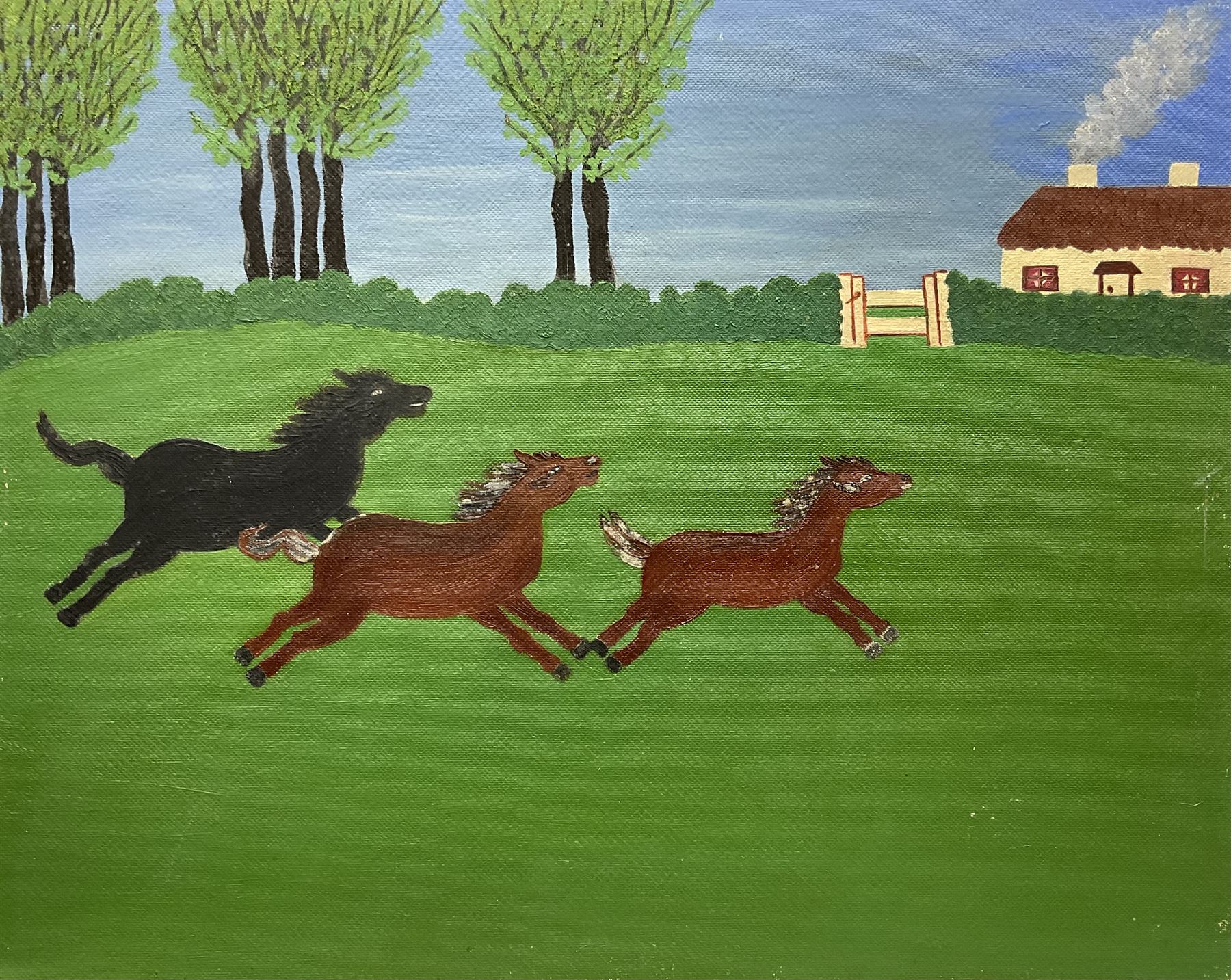 Gladys Hamilton Cooper (British 1899-1975): 'Freedom' - Wild Horses, oil on board, signed titled and dated 1957 verso 61cm x 76cm (unframed)