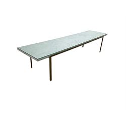 Long narrow rectangular marble top coffee table, on wrought metal base