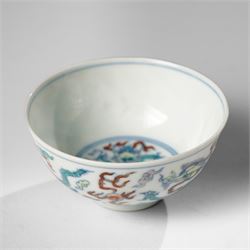 Chinese doucai wine cup, painted with a dragon, apocryphal six character Yongzheng mark to base, H3.5cm D7.5cm 