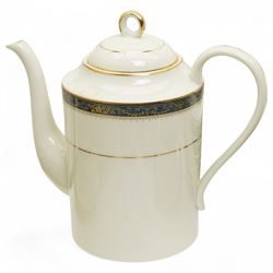 Japanese tea and dinner service retailed by Gazzaz, decorated with blue boarders and heightened with gilt foliate motifs, comprising eight teacups, eight saucers, coffee pot, sucrier, milk jug, eight cake plates, eight soup bowls, eight dinner plates etc