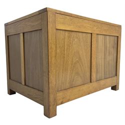 20th century panelled oak blanket chest, rectangular hinged top, raised on square supports