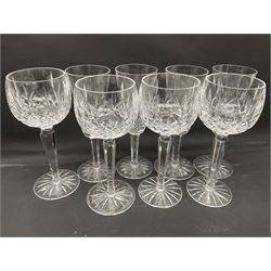 Set of Waterford Crystal Lismore pattern drinking glasses for six people, including hock glasses, goblets, champagne flutes,  sherry glasses, liqueur glasses, hi ball glasses, whisky glasses, brandy balloons, etc, all with etched maker's mark beneath  (62)
