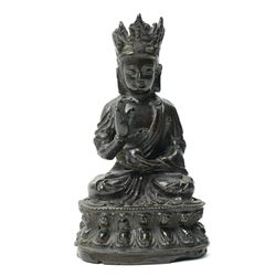 Early Chinese bronze bodhisattva, seated cross-legged upon a double lotus pedestal wearing...
