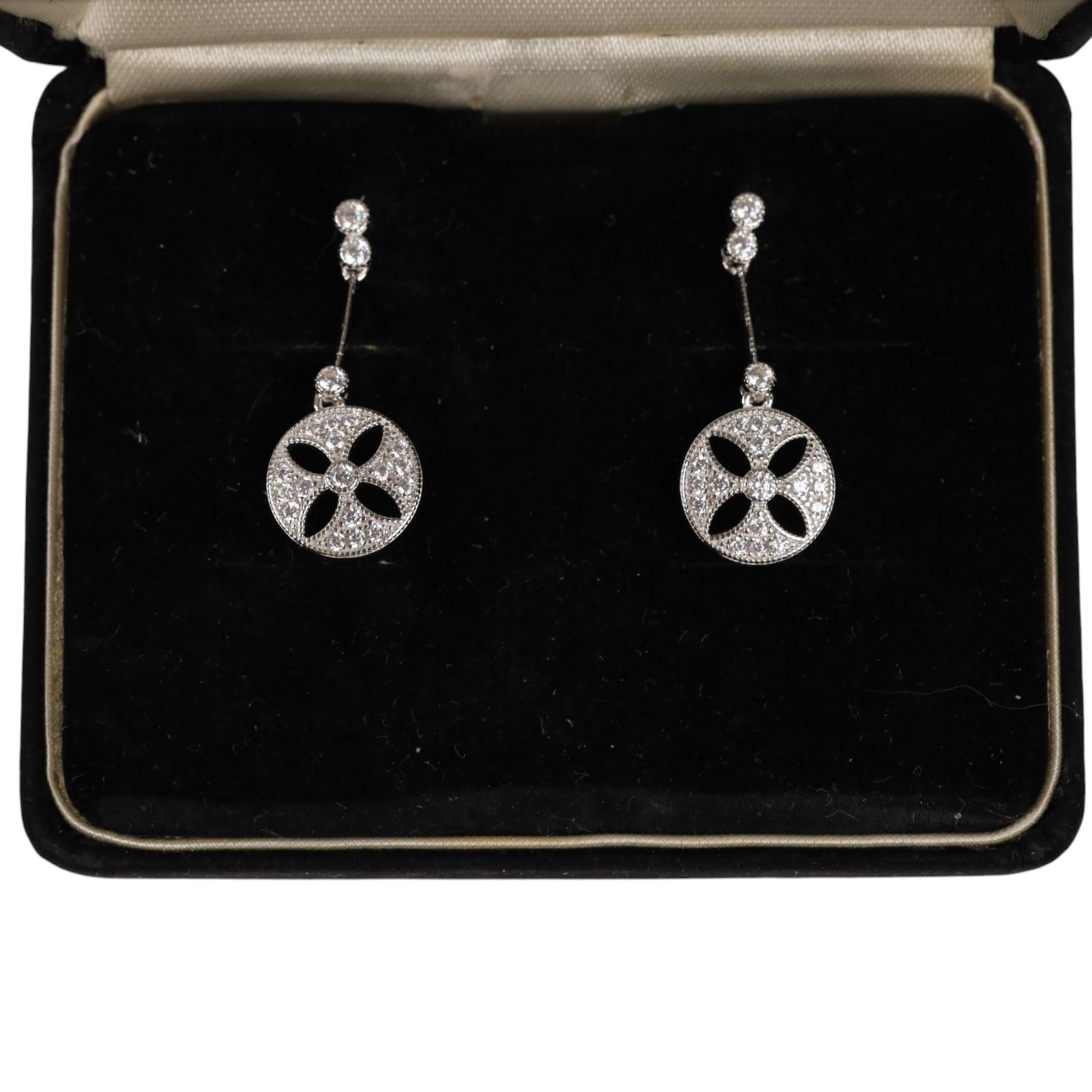 Pair of silver art deco style pendant earrings, boxed