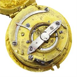 18th century 18ct gold fusee lever full hunter repousse pocket watch with later 19th century modifications to the movement, the 18th century case depicting figures in front of a tree with sheep in the background and enamelled leaf surround, the reverse depicting a classical scene with figures and horses, the side with enamelled bird and foliate decoration, 18th century polychrome dial with gilt hour hand, Roman numerals and quarter hour markers.