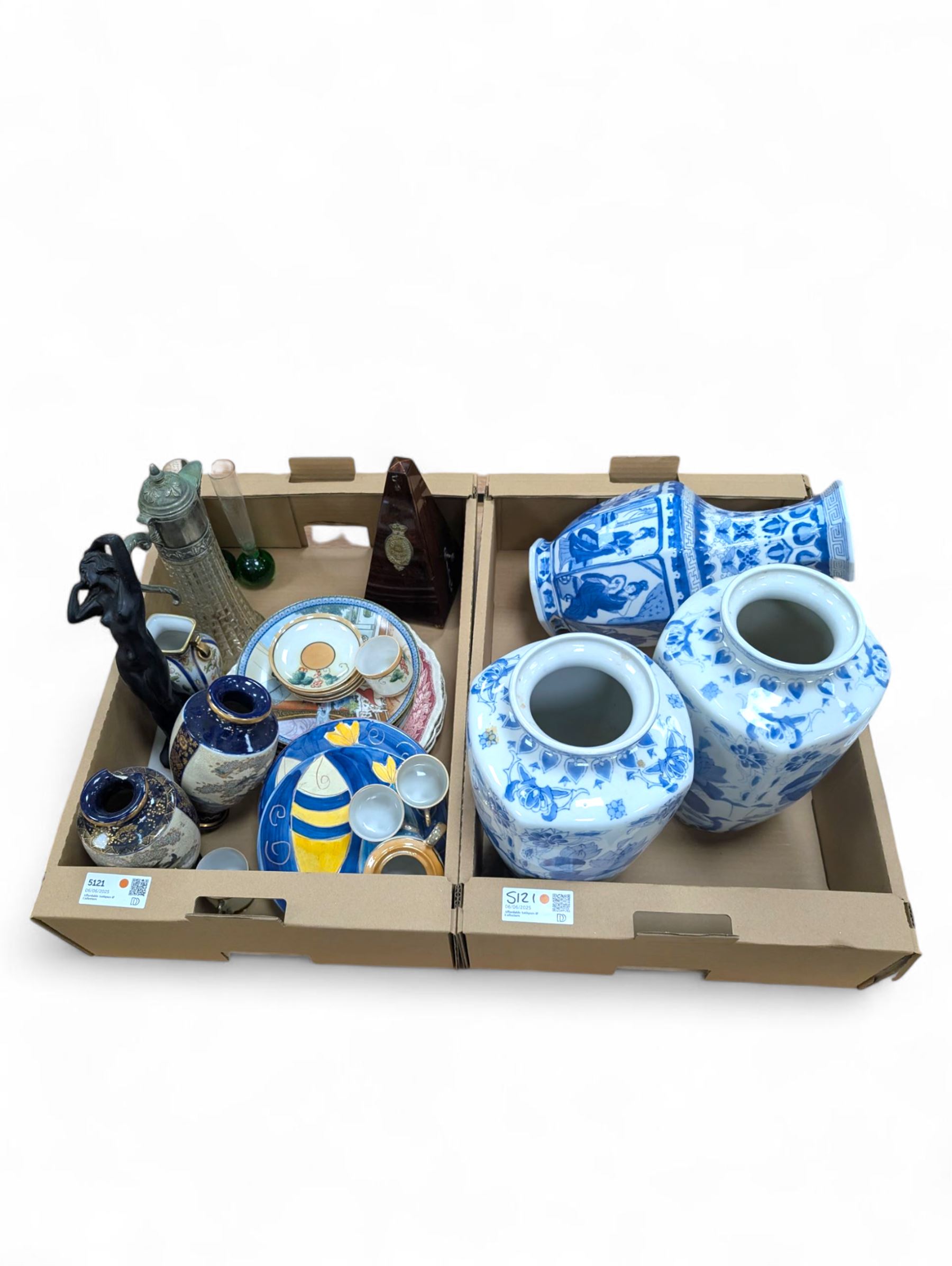 Three Chinese blue and white vases, R. Cocks metronome, glass claret jug and a collection of other ceramics and glass ware