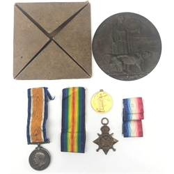  WW1 trio of medals comprising 1914 Star, British War medal and Victory medal (lacking suspender) awarded to 1679 Pte. T. Levitt 2/K R.Rif.C. together with the bronze memorial plaque to Thomas Levitt in cardboard case  