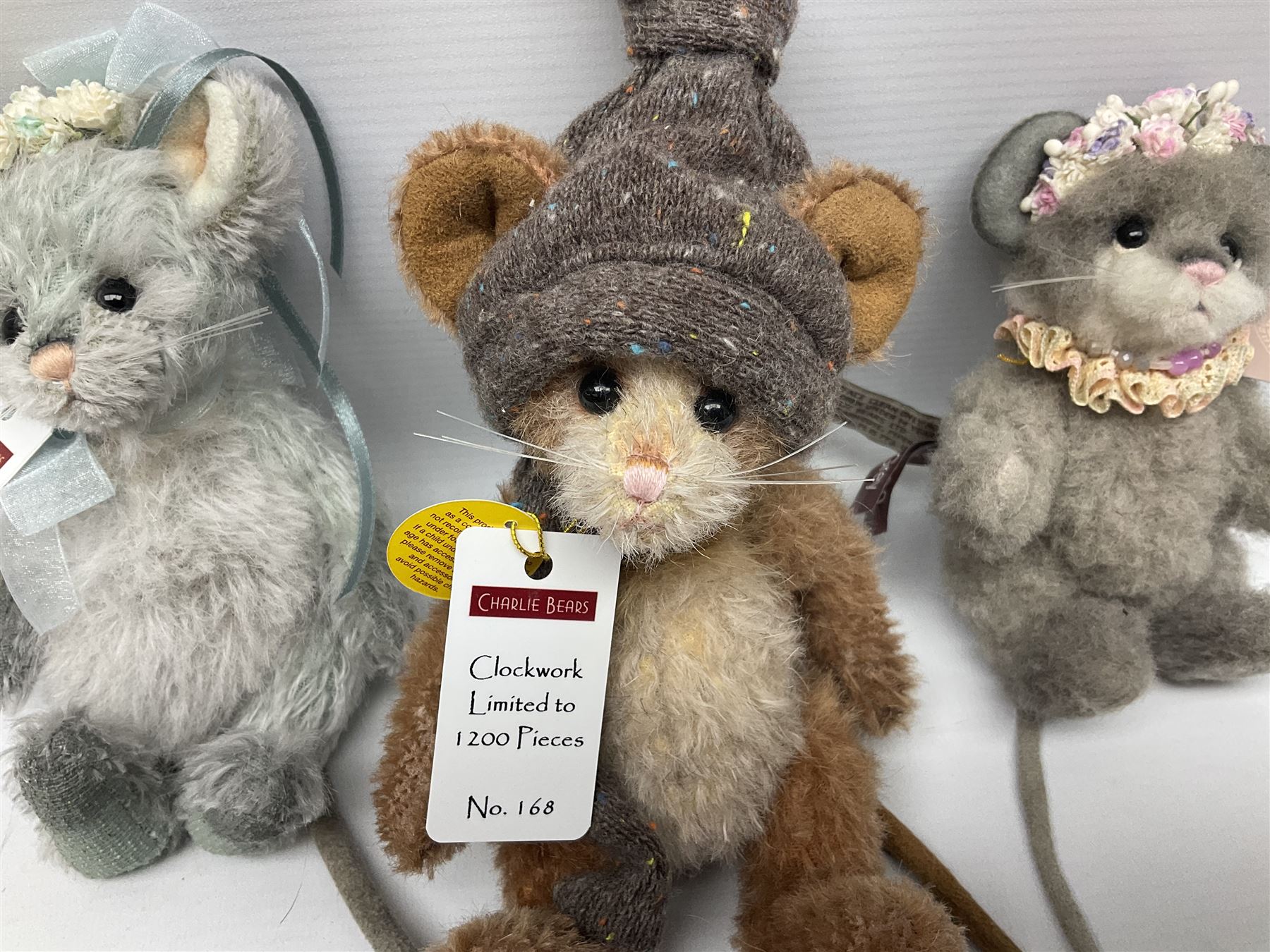 Three limited edition Charlie Bears, comprising Clockwork 168/1200, Pearl Grey 172/600, and Garter 195/600, each designed by Isabelle Lee, from the Minimo Collection, all with tags 