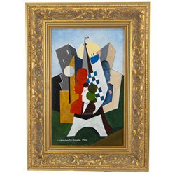 Jean Lambert-Rucki (Polish 1888-1967): Cubist Parisian Street Scene, oil on panel signed 1924, bears artist's studio sale stamp signature and date verso 35cm x 21.5cm