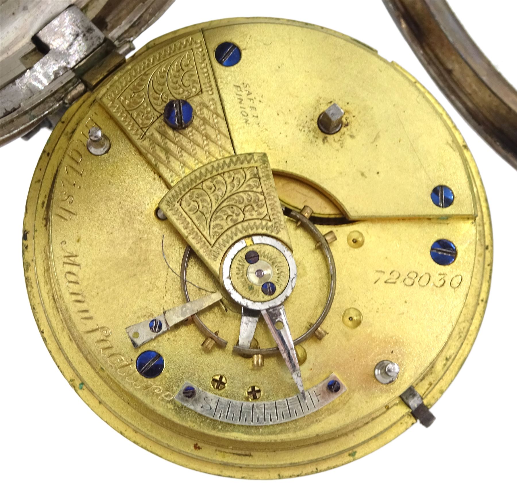 Early 20th century silver fusee lever pocket watch by E.Wise, Manchester, white enamel dial with Roman numerals, case by William Ehrhardt Ltd, Birmingham 1915, on silver Albert chain, each link hallmarked