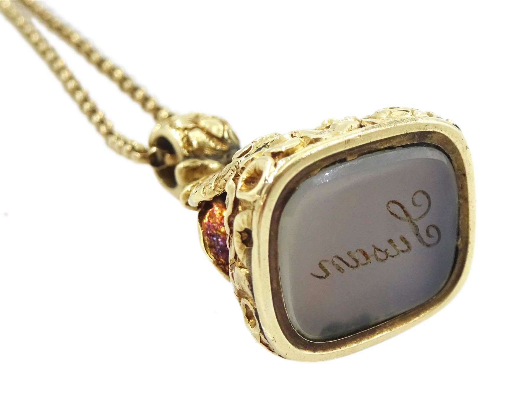 19th century 14ct gold agate seal fob, the seal engraved, the mount with foliate and shell decoration, engraved with name 'Susan', on 9ct gold belcher link chain necklace