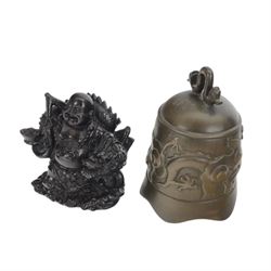 Chinese temple bell, brass bell decorated in relief with dragon on a carved hardwood stand, together with a cast resin figure of Buddha and two carved wooden figures, bell stand H47cm