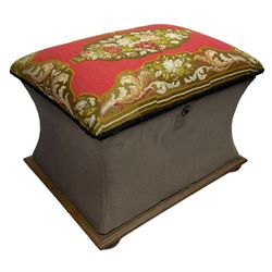 19th century upholstered ottoman, rectangular waisted form with hinged lid, upholstered in needle work cover decorated with floral panels and borders, the interior lined in blue fabric, lower moulded edge over compressed bun feet