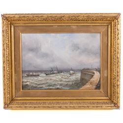 John Taylor Allerston (British 1828-1914): Watching the Boats from the Sea Wall. oil on canvas signed and dated 1890, 26cm x 36cm