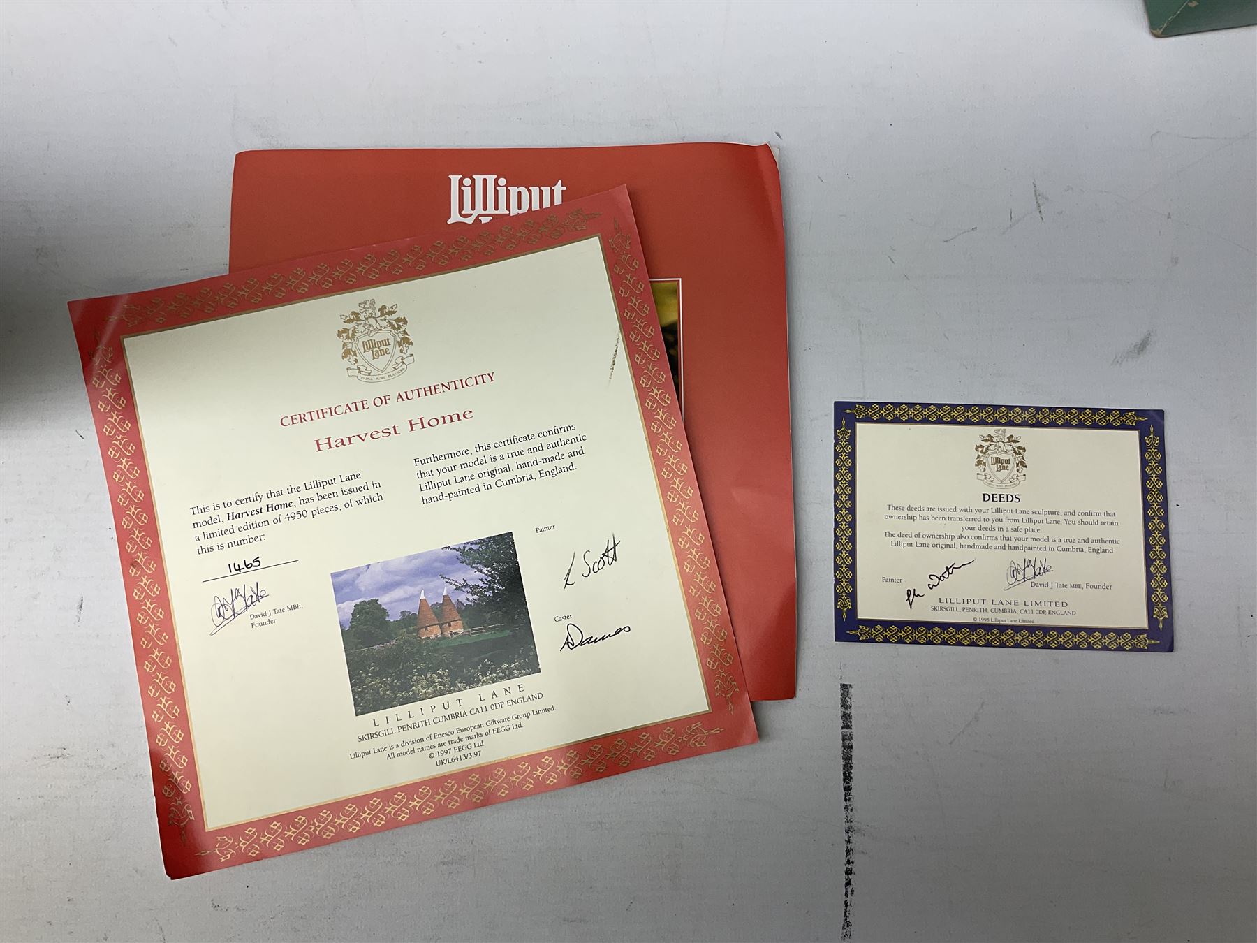 Lilliput Lane 'Harvest House' special edition figure group, limited edition of 4950, boxed with certificate, together with 'Eilean Donan Castle' model, boxed with deed