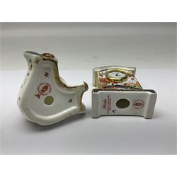 Royal Crown Derby Haiku pattern miniature clock, together with 1128 Imari pattern trinket box with cover and teddy bear figure, all with printed marks beneath   