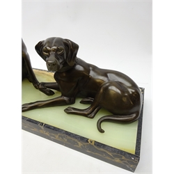  Art Deco pair bronzed spelter seated Labrador's mounted on onyx and marble rectangular plinth, L52cm   