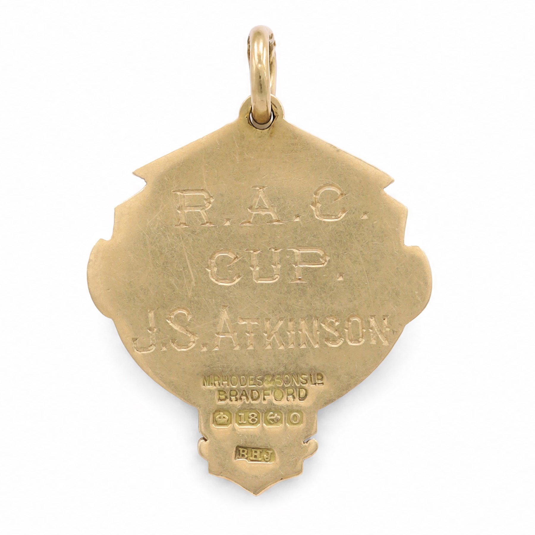 Early 20th century 18ct gold enamelled Yorkshire Automobile Club Saltburn Speed Trials, the reverse engraved 'R.A.C Cup J. S. Atkinson', Birmingham 1913