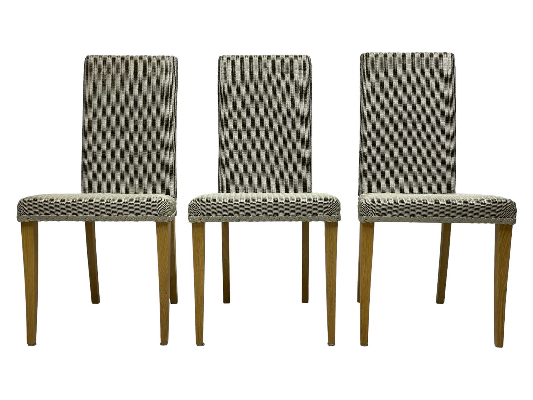Lloyd Loom - set of six 'Maybourne' slate painted high back wicker dining chairs, raised on light oak square tapering supports