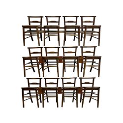 Set of twelve early-to-mid-20th century elm and beech ecclesiastical chapel chairs, each set of four united by stretcher with flanking bible boxes