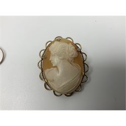 Victorian and later 9ct gold jewellery including glazed photo pendant, three gold cased wristwatches, signet ring and a cameo brooch, all hallmarked and silver jewellery including fobs, wristwatch, brooches and rings etc 