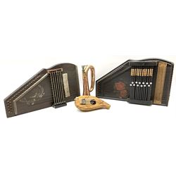 Two continental autoharps; military style copper and brass bugle; and a gourd five-key thumb piano 'kalimba' (4)