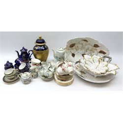 Two Japanese coffee sets, Queen Anne part tea set pattern no. 8644, together with a modern Oriental vase and cover, of ovoid form with bands of gilded decoration on blue ground, H32cm 