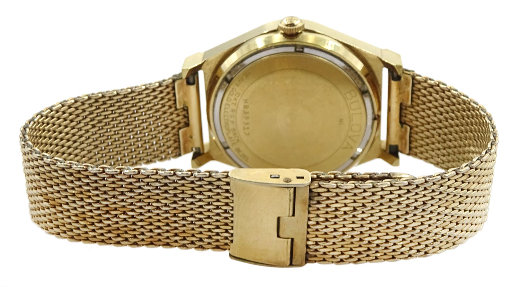 Bulova Sea King gentleman's automatic gold-plated wristwatch, back case No. H835317, with day/date aperture and whale motif, on Lenox gilt strap