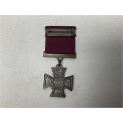 Victoria Cross, an official Hancocks & Co, London replica, the reverse engraved ‘Hancocks 70’, in fitted leather case of issue; Auctioneer's Note: The Victoria Cross was instituted on 29th January 1856, with the first awards backdated to 1854, and in the first 150 years of its existence was awarded on 1,355 occasions (1,352 Crosses and 3 Second Award Bars). To mark the 150th Anniversary, the London jewellers Hancocks, who have manufactured every Victoria Cross ever awarded, issued a limited edition replica, the replicas all individually numbered on the reverse, with the edition limited to 1,352 replica crosses.