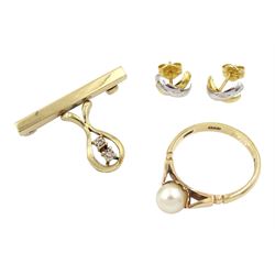 Gold single stone pearl ring and a two stone diamond brooch, both 9ct and a pair of 18ct white and yellow gold cross stud earrings