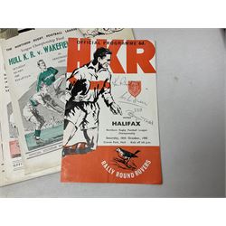 Rugby League - over thirty Hull Kingston Rovers match programmes 1950s/60s including home and away, various cup games, two 1969 single sheets and Last Match at Craven Park with ticket and club tie; five Challenge Cup Finals with tickets 1957-71 and 1962 signed by Eddie Waring; card mounted photograph of Barnsley United R.F.C. 1925/6; and other Rugby League ephemera