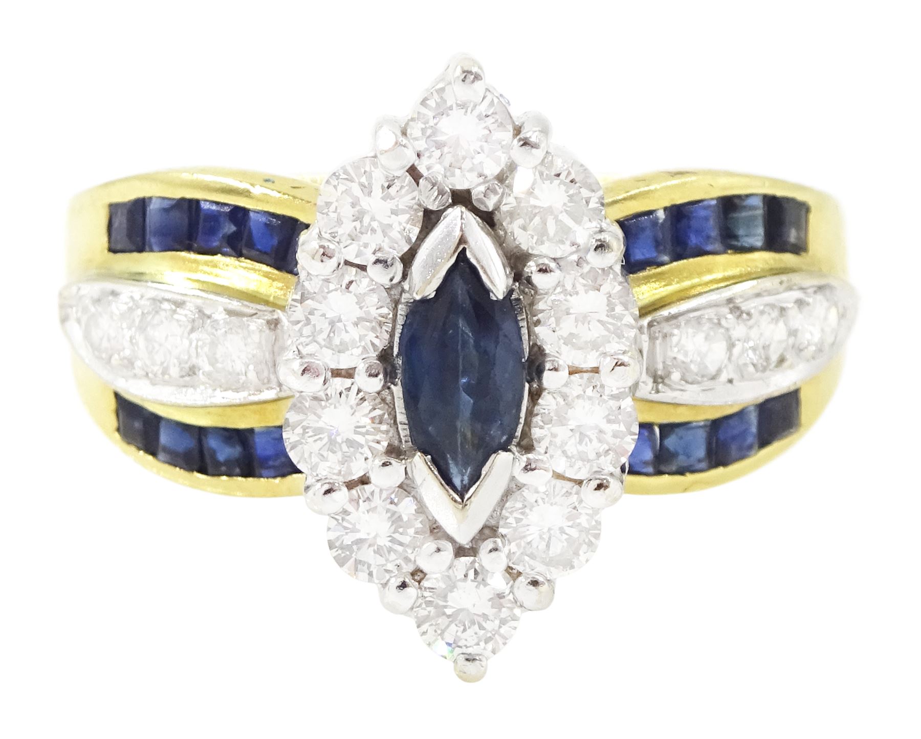 18ct gold sapphire and diamond cluster marquise shaped ring, single marquise cut sapphire, surrounded by ten round brilliant cut diamonds, each shoulder set with three round brilliant cut diamonds and ten calibre cut sapphires, hallmarked, total diamond weight approx 0.90 carat