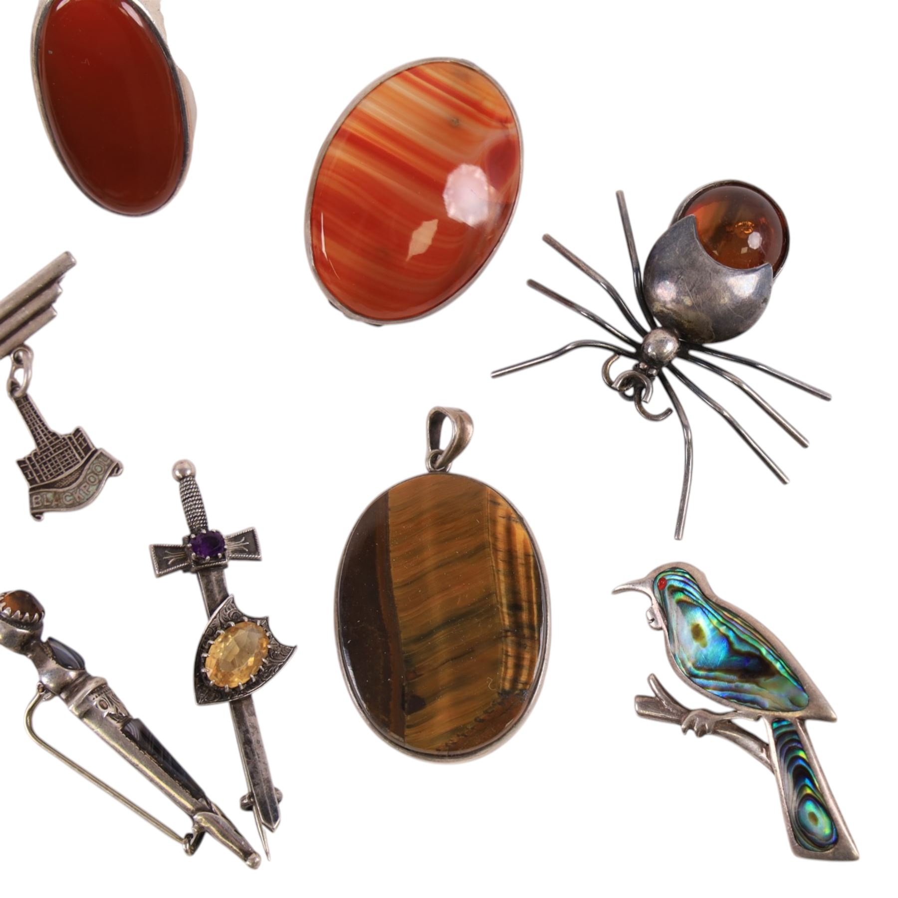 Silver stone set jewellery, including Baltic amber bracelet, agate brooch, tigers eye pendant, spider brooch, etc