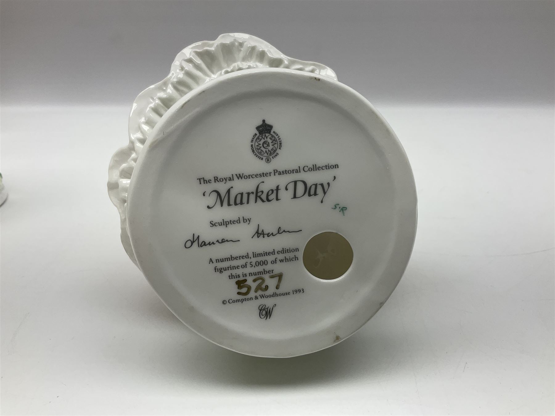 Five Royal Worcester figures, comprising Market Day, Noelle, Bakers Wife, Goose Girl and Fruit Picking, all with printed marks beneath and some with certificates of authentication  