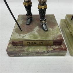 Anna Danesin for Birmingham Mint, two limited edition figures of British Monarchs: Charles I and Charles II, cold painted bronze figures, on a stepped onyx plinths, H29cm