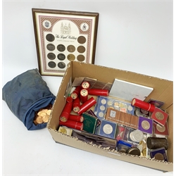 Accumulation of Great British and World coins including commemorative crowns, Festival of Britain crown, quantity of 1967 pennies, 2007 Diamond wedding crown in card holder etc, in one box