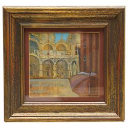 Raymond Oliver (British 1933-): 'San Maria Della Salute Venice' 'Rainy Day St Marks Venice' & 'A Venetian Doorway', set of three acrylic on watercolour paper signed, titled verso 16cm x 15cm
