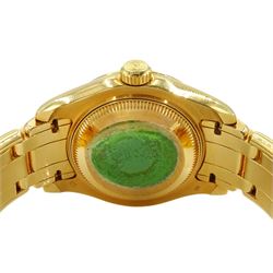 Rolex Oyster Perpetual Datejust Pearlmaster ladies 18ct gold automatic wristwatch, Ref. 69298, Serial No. T293223, champagne dial with diamond hour markers and diamond set bezel, on original 18ct Pearlmaster bracelet with fold-over clasp, with papers