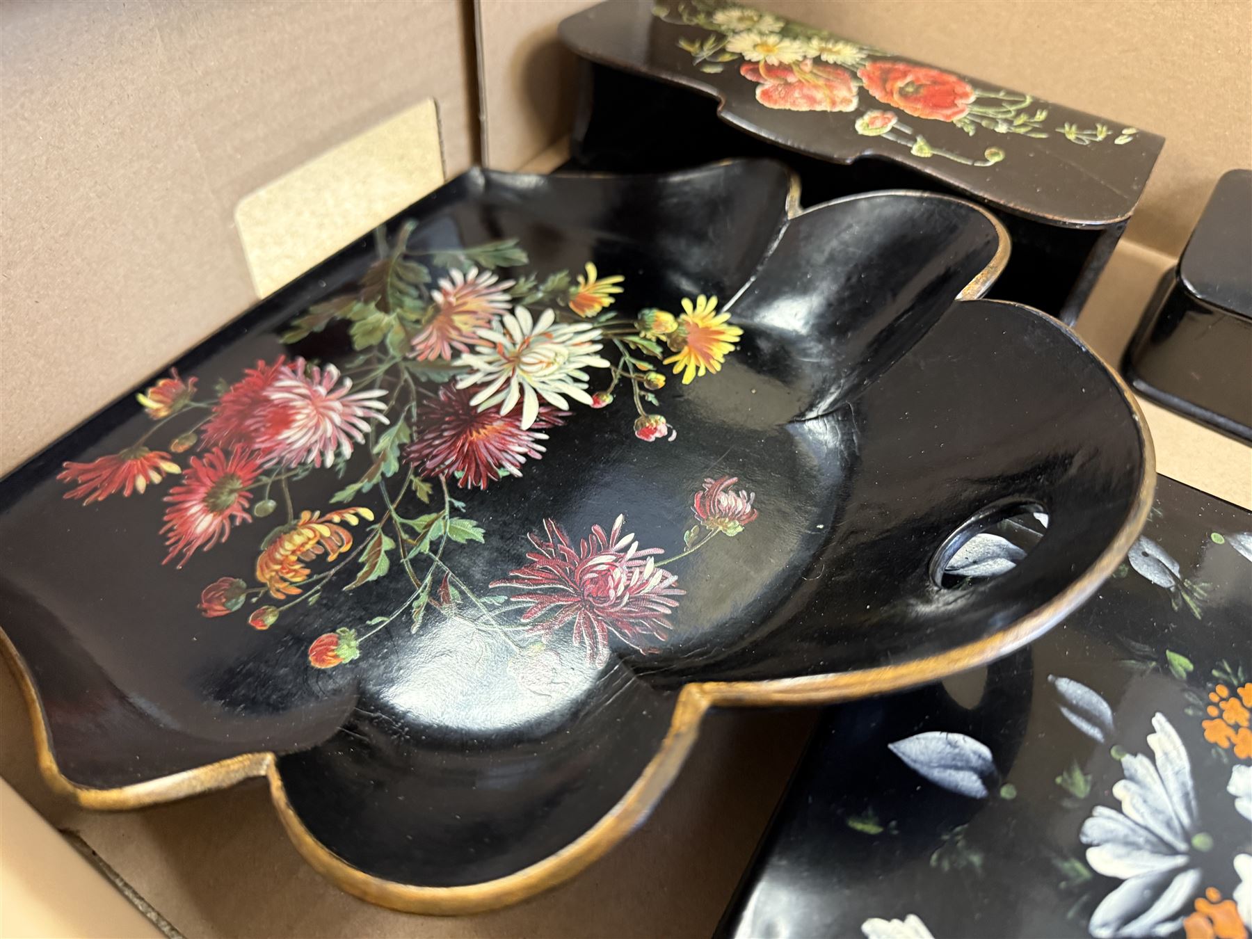 Papier mache boxes, including glove box, jewellery box and two square boxes and a crumb tray