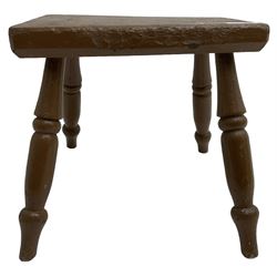 19th century elm footstool, rectangular top on four turned and splayed supports, brown paint finish 