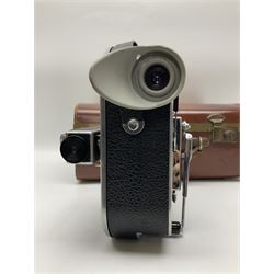 Paillard Bolex H8 RX4 cine camera body with turret for interchangeable lenses, serial no. 216071, with 'Macro Switar H8RX f1.4 36mm' lens, serial no.863406, 'Macro Switar H8RX f1.3 12.5mm' lens, serial no. 865770, 'Switar H8RX f1.6 5.5mm' lens, serial no. 937691 and RX fader, in fitted leather case