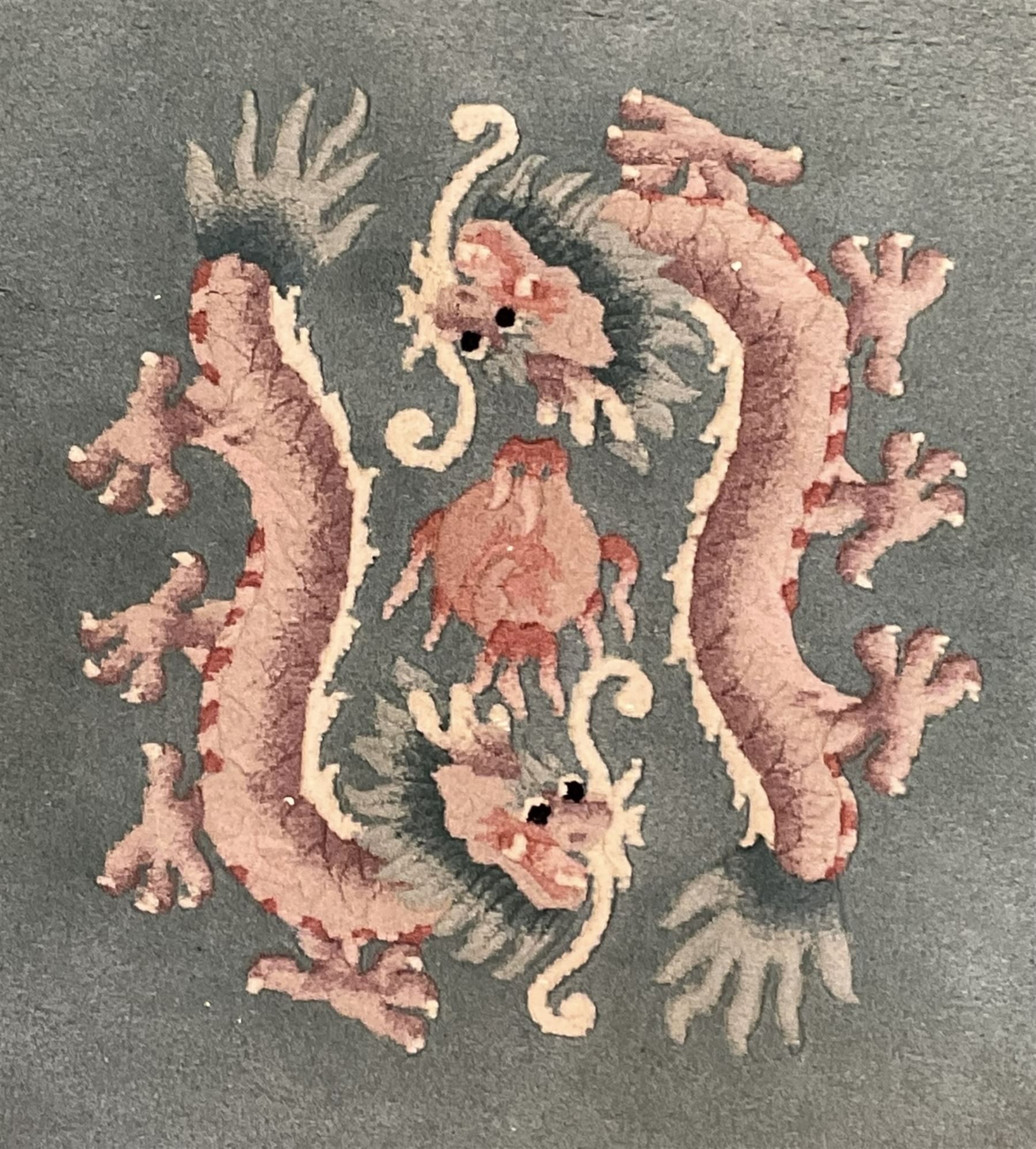 Chinese jade ground woollen rug decorated with dragons 