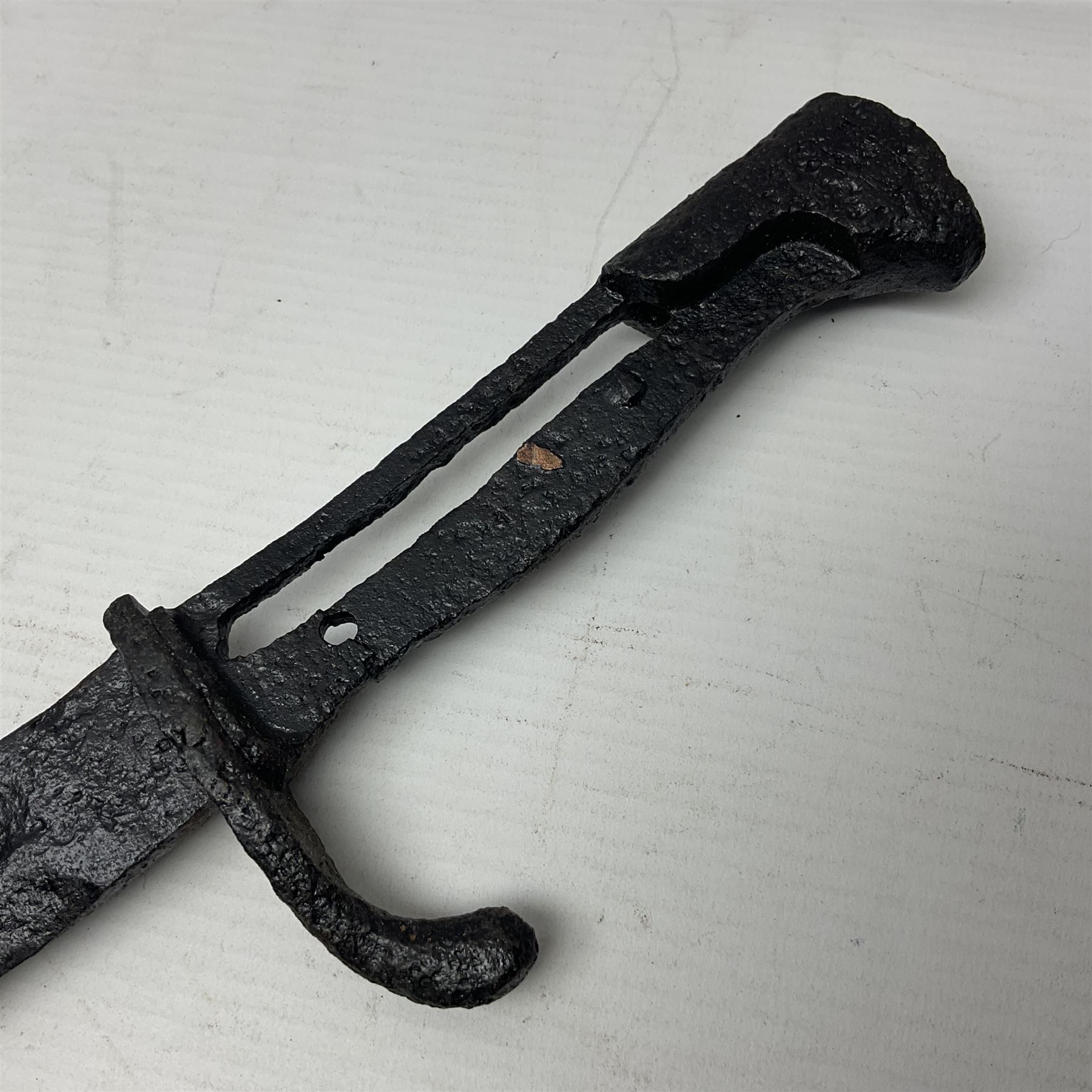 WWI Prussian S98 bayonet with 52cm fullered steel blade dated 1906 to pipeback and marked Solingen to ricasso, regimentally stamped to cross guard 56.R.11.2. for 56 Infanterie Regiment, 11 Kompanie, Waffe 2, L65cm overall; and another in battlefield relic condition (2)