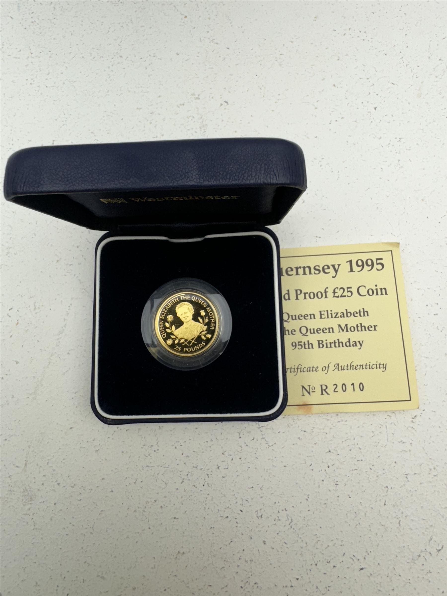 Queen Elizabeth II Bailiwick of Guernsey 1995 'Queen Elizabeth The Queen Mother 95th Birthday' gold proof twenty-five pounds coin, in Westminster case with certificate