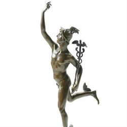 After Giambologna (Flemish 1529-1608): Bronze figure of Mercury holding a caduceus, on black marble base H43cm