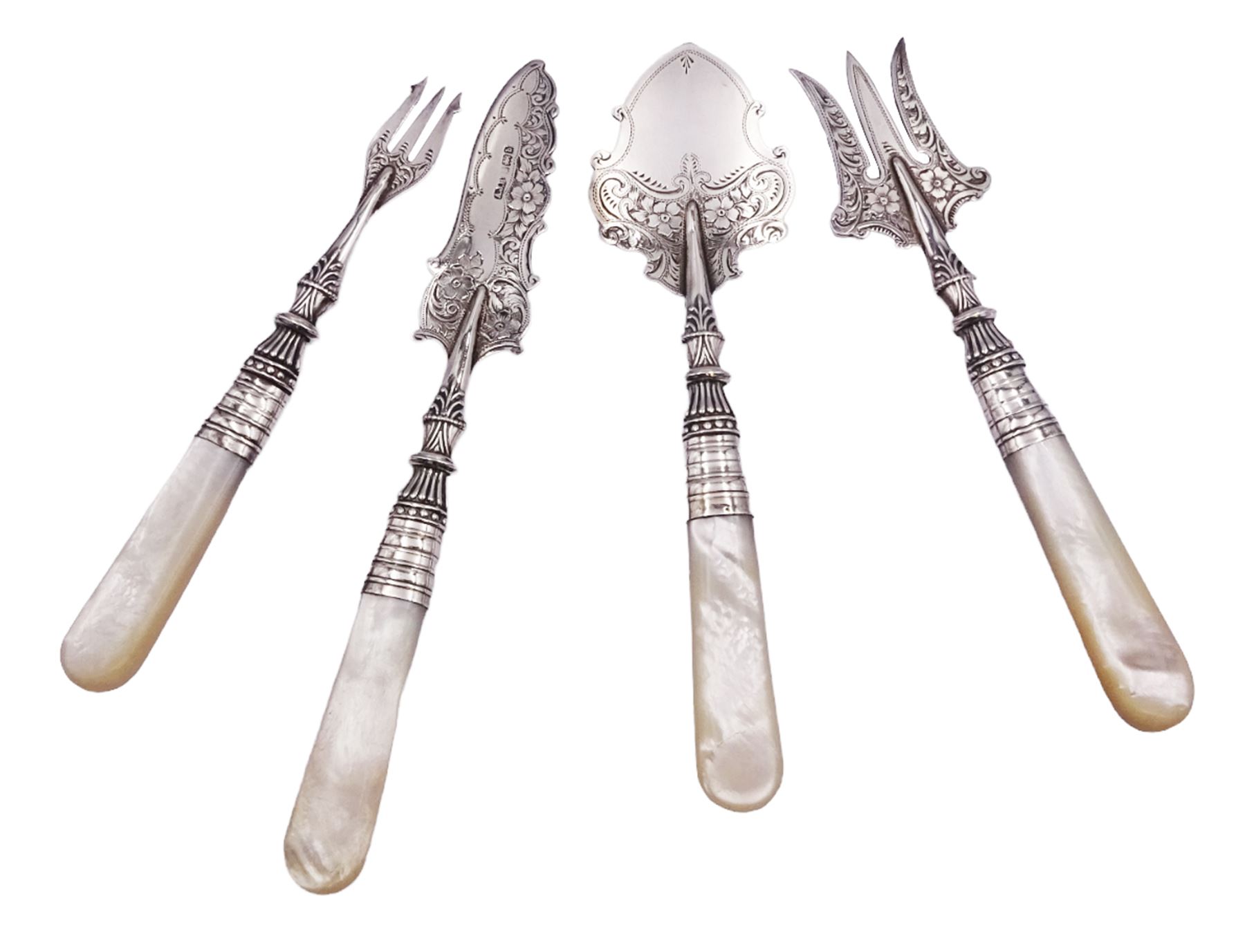 Edwardian silver and mother of pearl handled four piece afternoon tea set, comprising bread trident, pickle fork, preserve spoon, and butter knife, each with foliate engraved detail to prongs, blade and bowl, hallmarked A J Bailey, Birmingham 1901
