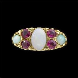 9ct gold three stone opal and four stone ruby ring, Birmingham 1976