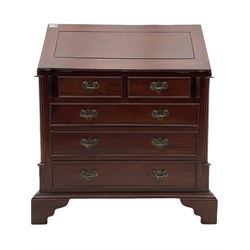 Georgian style mahogany bureau, sloped hinged lid with fitted interior, two short and three long drawers, bracket feet